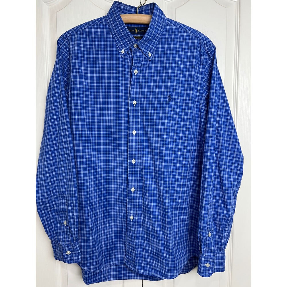Ralph Lauren Button Down Shirt Mens L‎ Blue Plaid Classic Fit Cotton Stretch G10